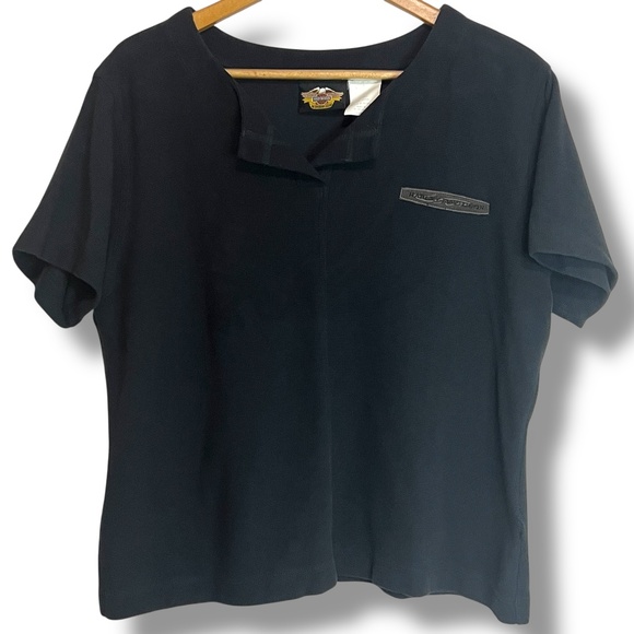 Harley Davidson Women's Waffle Knit V-Neck‎ Boxy Top Sz XXL Black Short Sleeve - Picture 1 of 7